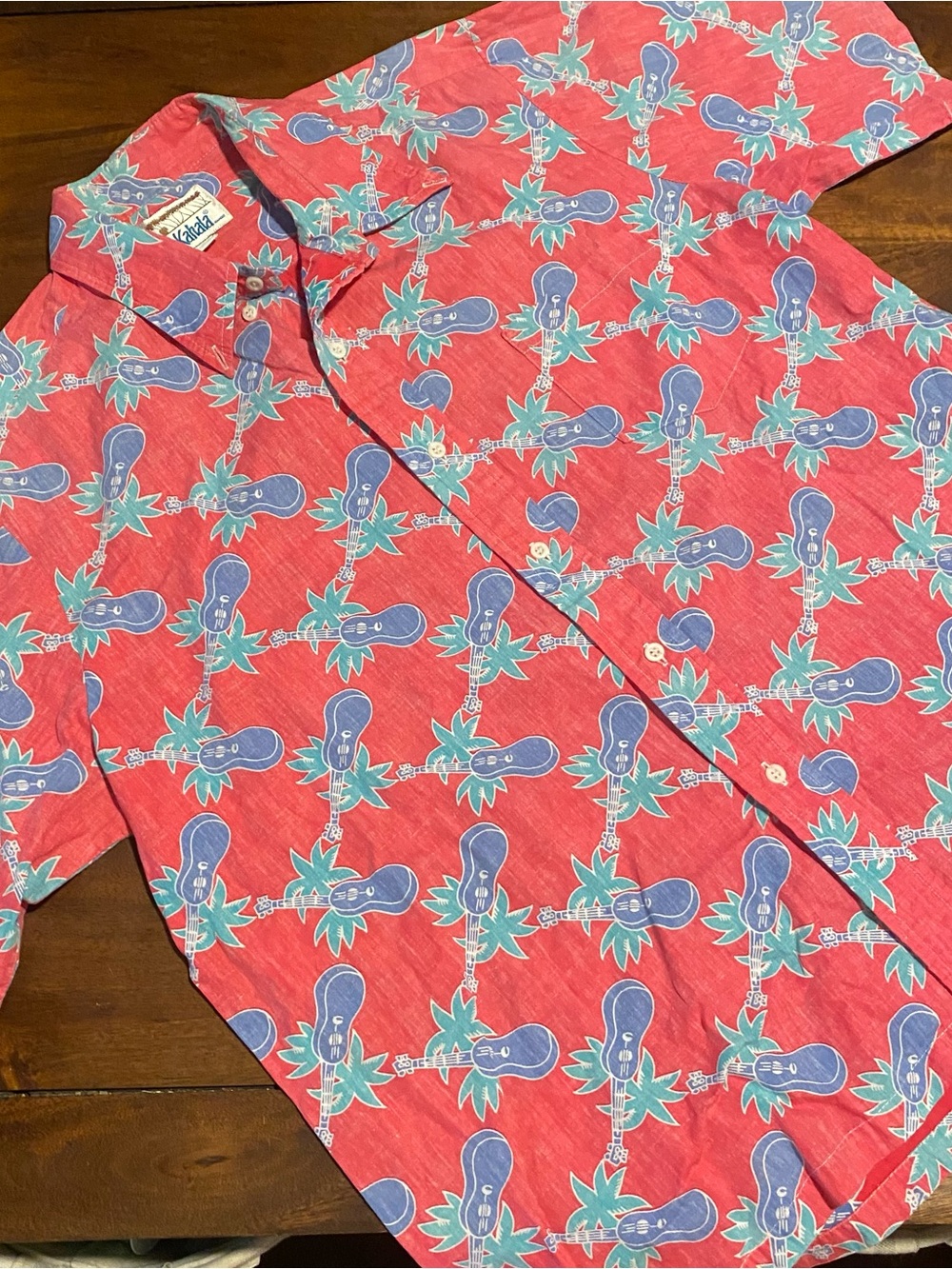 Vintage Red Hawaiian Shirt with Blue Guitar Print - Kahana XL